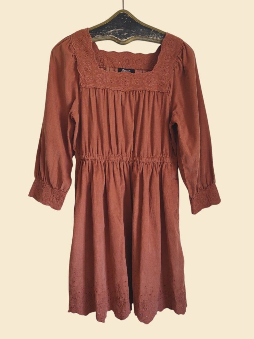Madewell Embroidered Corduroy Square Neck Scallop Hem Mini Dress S NWT
